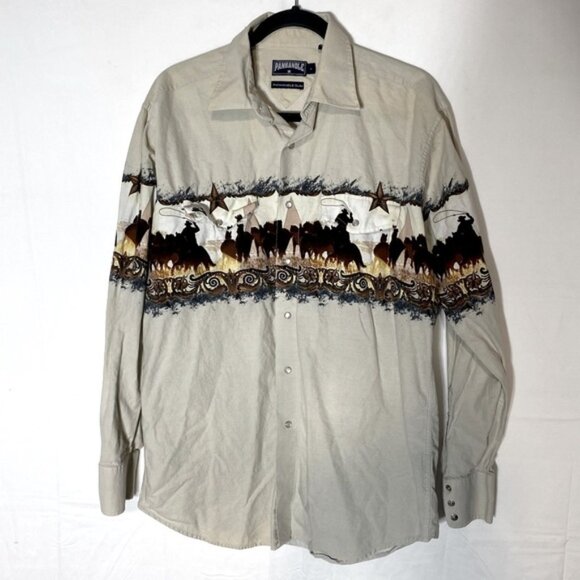 Vintage Panhandle Slim Beige Cowboy Horses Landscape Print Pearl Snap Shirt L - Picture 1 of 12